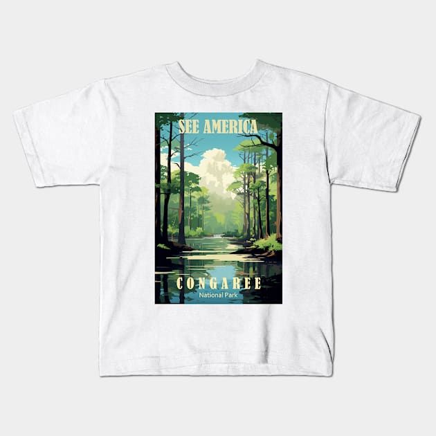 Congaree National Park Travel Poster Kids T-Shirt by GreenMary Design